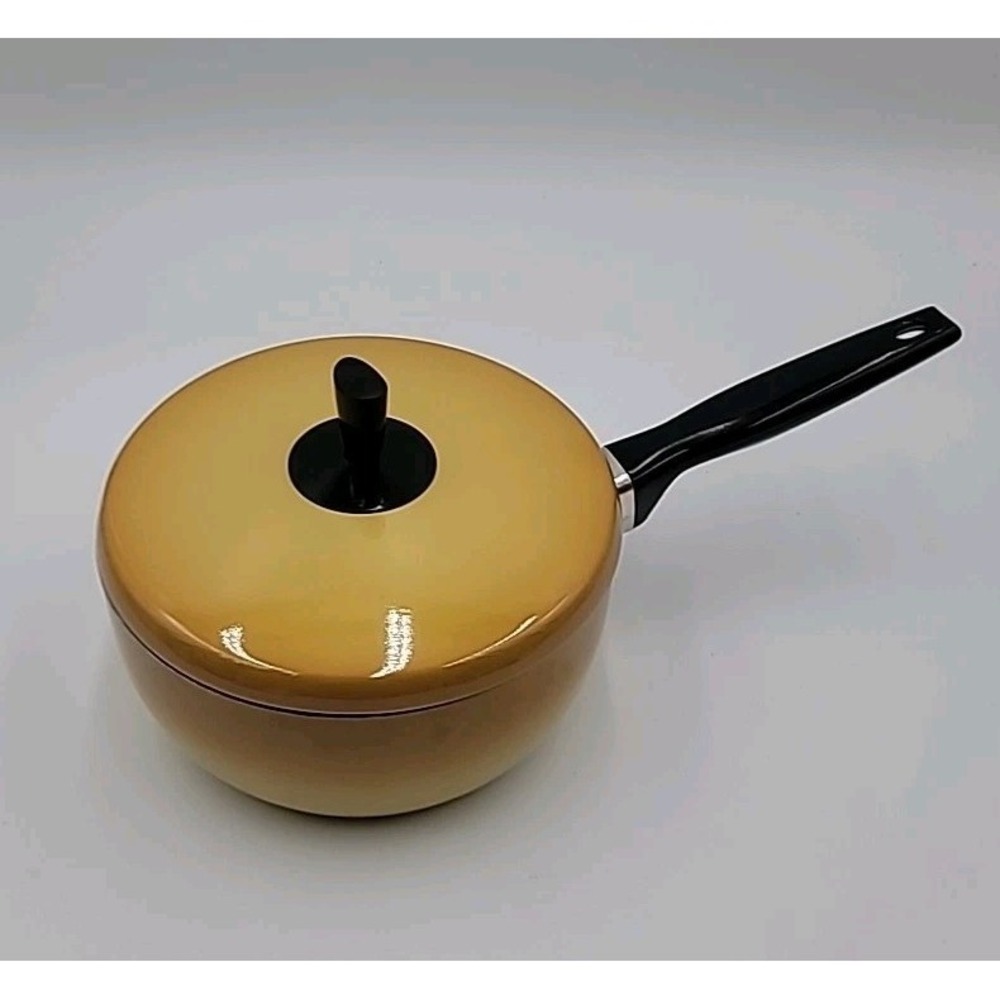 VTG Retro Yellow‎ Bounty Wear-Ever Enamel 2 qt Pot Pan and Lid Non Stick MCM